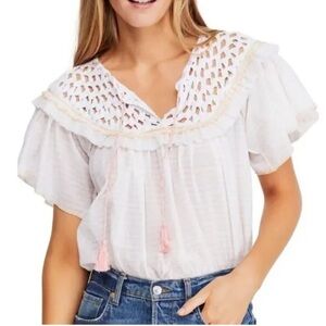 Free People Cream Crochet Accent Blouse
